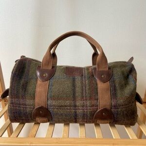Rare Vintage Rugby Ralph Lauren Green Plaid Wool Leather Sm Overnight Duffle Bag